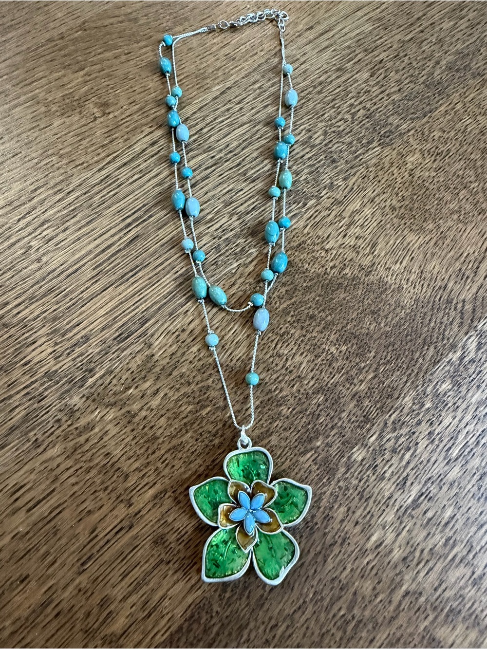 Boho Layered Turquoise Bead & Green Enamel Flower Pendant Necklaces